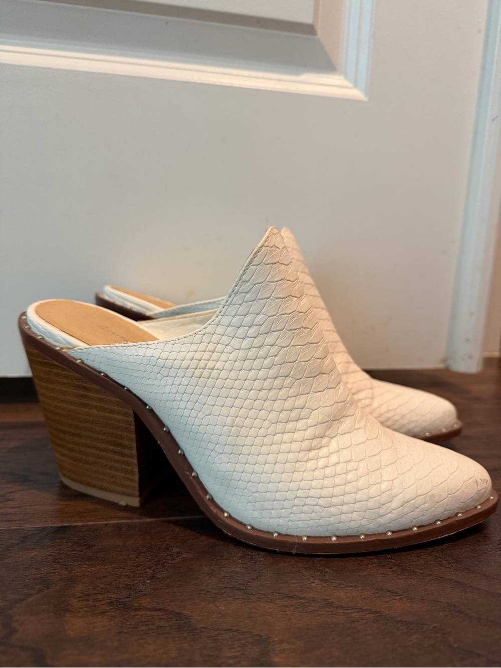 White Snake Skin Mule Heels for Women